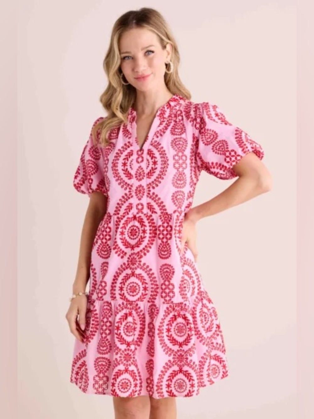 Avara Pink Red Embroidered Eyelet Mini V-Neckline Dress XS